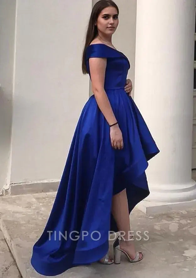 TingPo Wholesale Elegant A-line Off-the-Shoulder Sleeveless Satin Asymmetrical Homecoming Dress With Ruffles